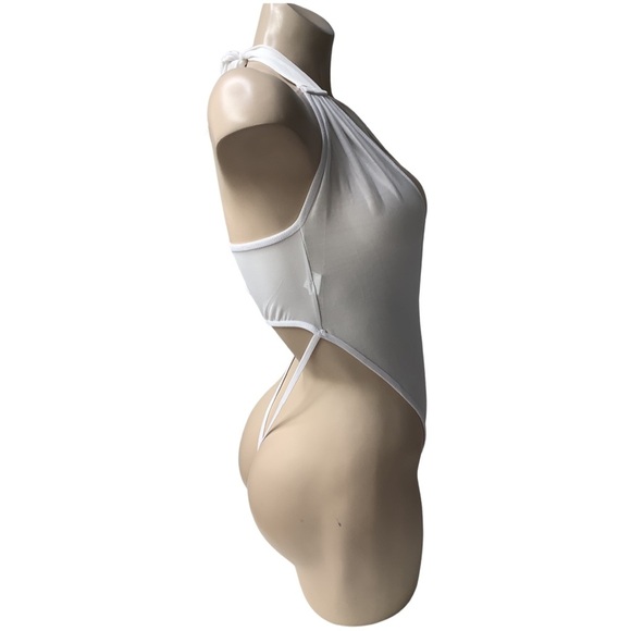 White Mesh Thong Bodysuit with Halter Neck Tie. New - Picture 2 of 3